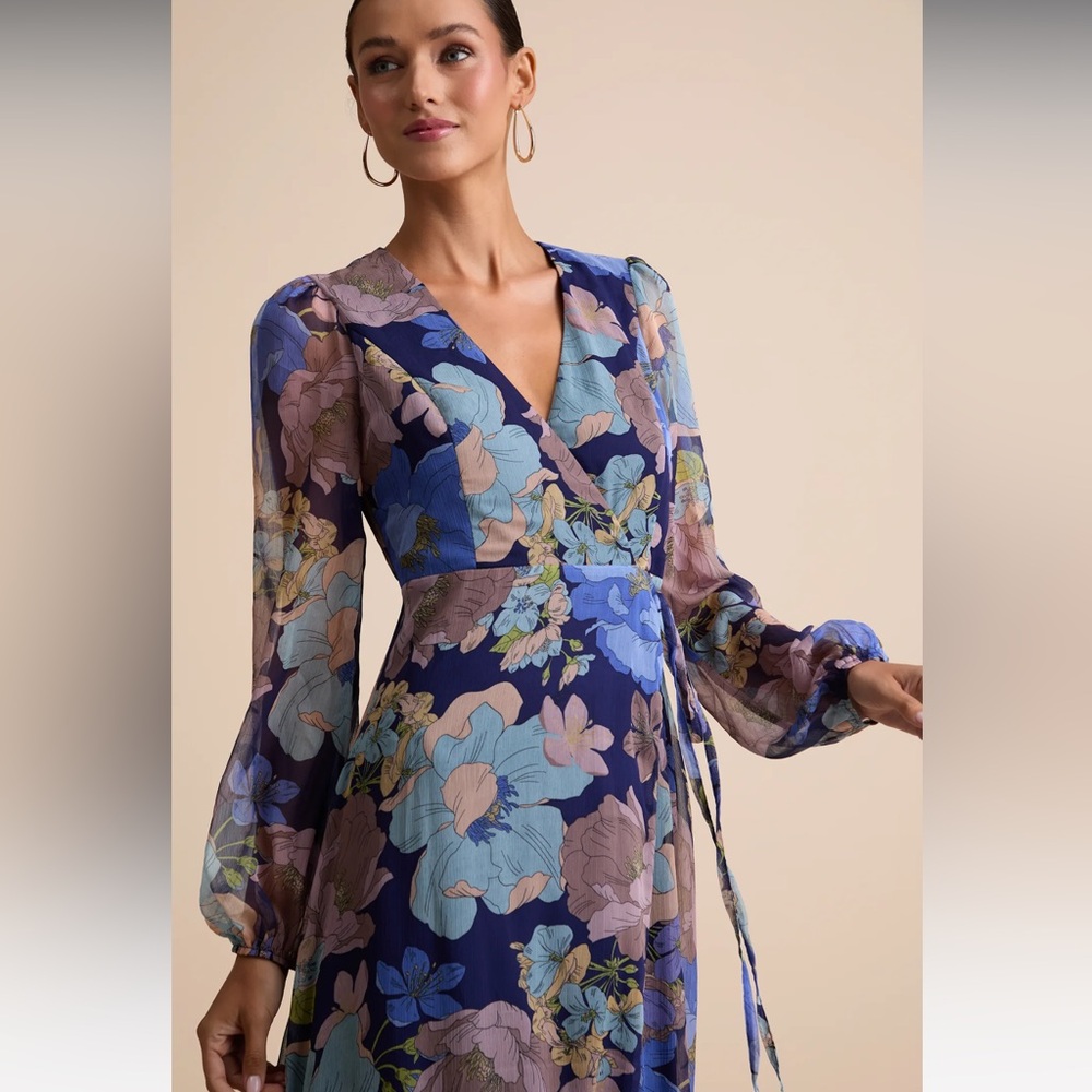 Lulus Feeling Sweet Navy Floral Print Long Sleeve Wrap Maxi Dress Blue - Size XL - Picture 4 of 5